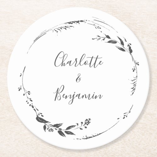 Floral Wreath Calligraphy Custom Wedding White  Round Paper Coaster