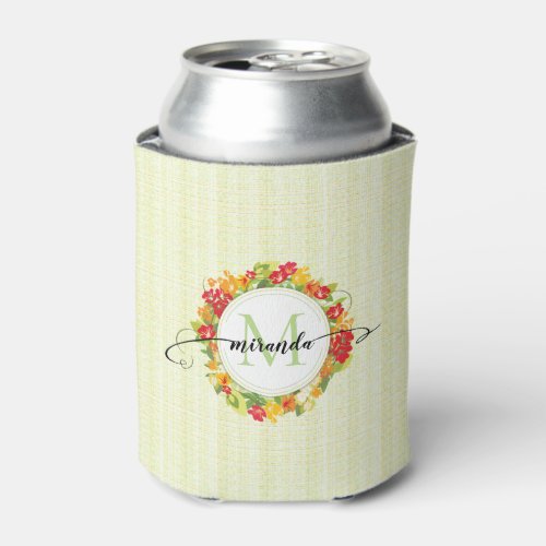 Floral Wreath Calligraphy Monogram Can Cooler