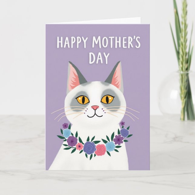 Floral Wreath Cat Moms Day Card (Front)