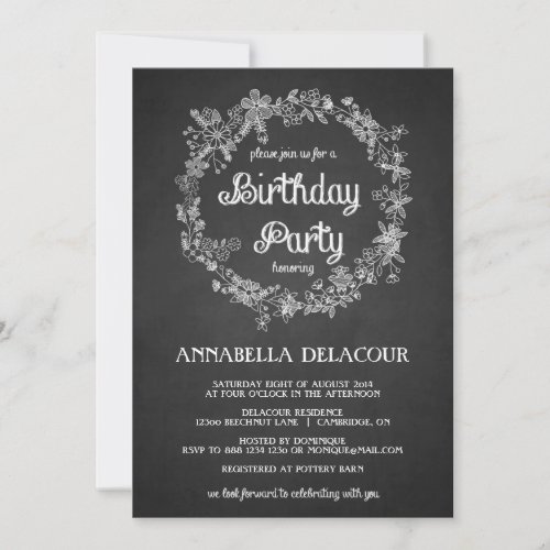 Floral Wreath Chalkboard Birthday Party Invitation