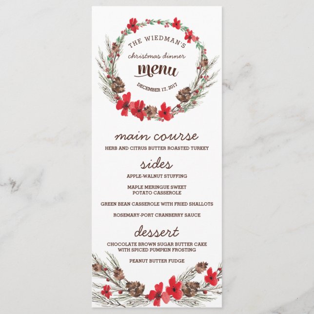 Floral Wreath Christmas Holiday Dinner Menu (Front)