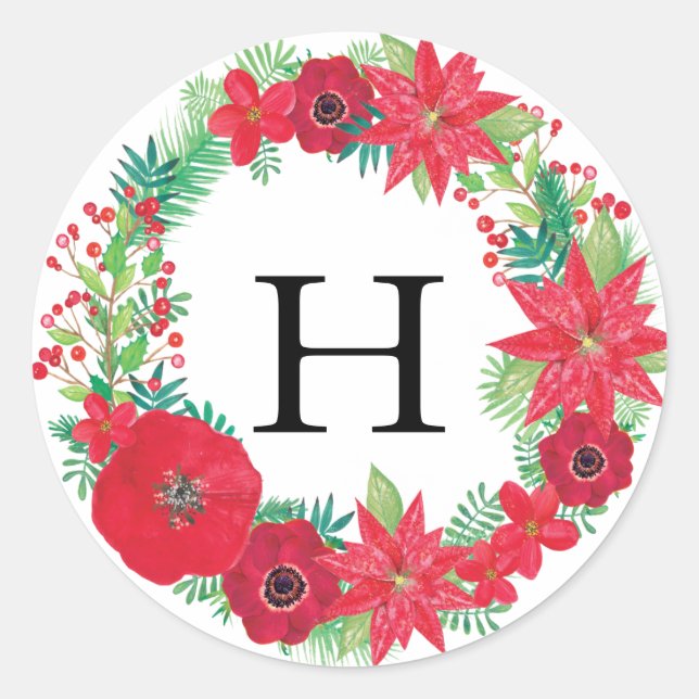 Floral Wreath Christmas Personalized Initials Classic Round Sticker (Front)
