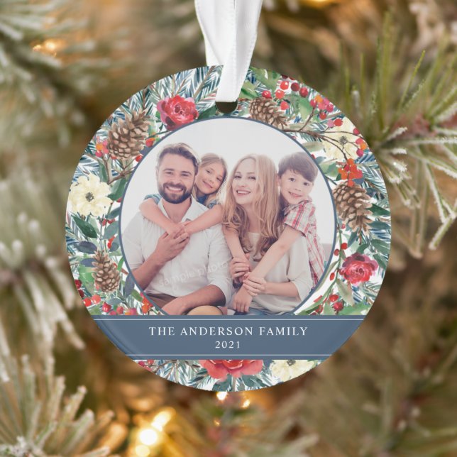 Floral Wreath Christmas Personalized Photo Blue Ornament (Tree)