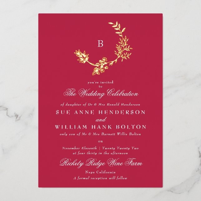Floral Wreath Classic Monogram Red Magenta Wedding Foil Invitation (Front)