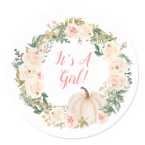 Floral Wreath Cream Pumpkin It's A Girl Classic Round Sticker
