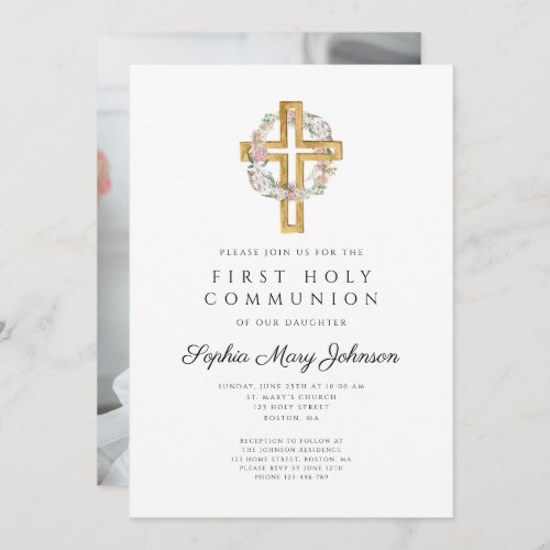 Floral Wreath Cross Photo Girl First Communion Invitation