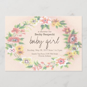 Floral Wreath Cross-stitch Baby Shower Invitation by BUFF_Designs at Zazzle