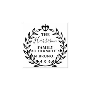 Floral Wreath & Crown Family Name Return Address Rubber Stamp