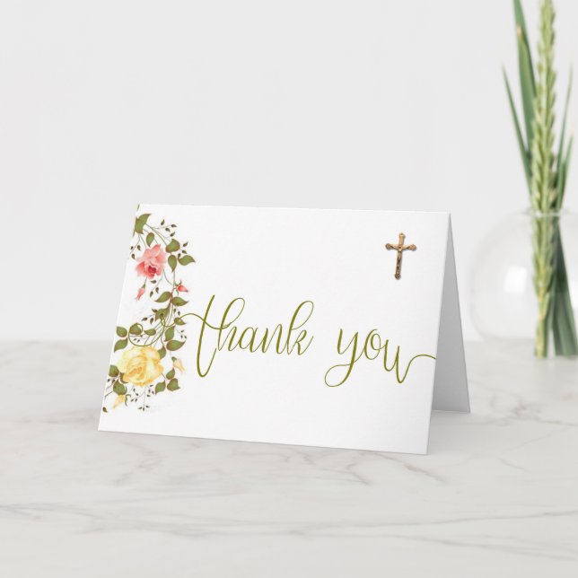 Floral Wreath Crucifix Thank You Overlay Card (Front)