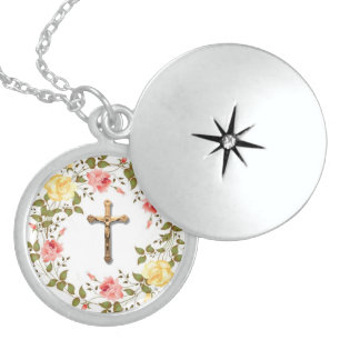 Floral Wreath Crucifix Yellow Pink Roses Locket Necklace