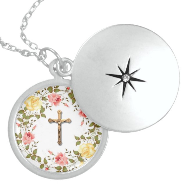 Floral Wreath Crucifix Yellow Pink Roses Locket Necklace (Front)