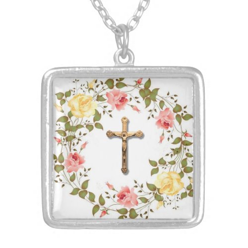 Floral Wreath Crucifix Yellow Pink Roses Silver Plated Necklace