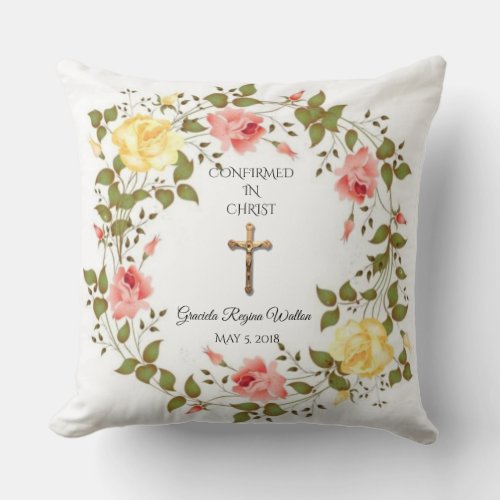 Floral Wreath Crucifix Yellow Pink Roses Throw Pillow