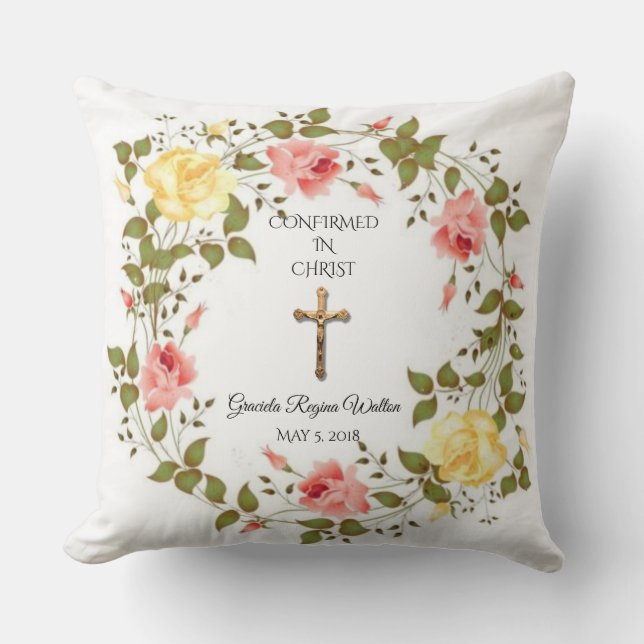 Floral Wreath Crucifix Yellow Pink Roses Throw Pillow (Front)