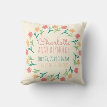 Floral Wreath Custom Birth Announcement Throw Pillow by kool27 at Zazzle