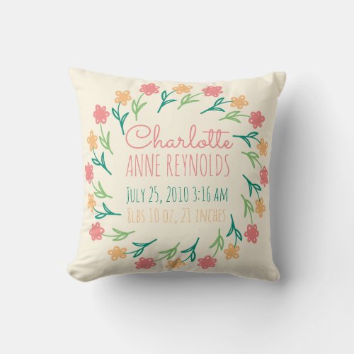 Floral Wreath Custom Birth Announcement Throw Pillow