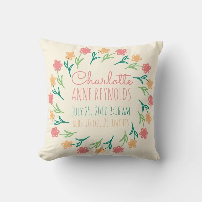 Floral Wreath Custom Birth Announcement Throw Pillow (Front)