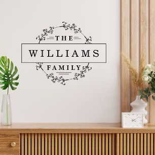 Floral Wreath Custom Family Name Black Script Wall Decal