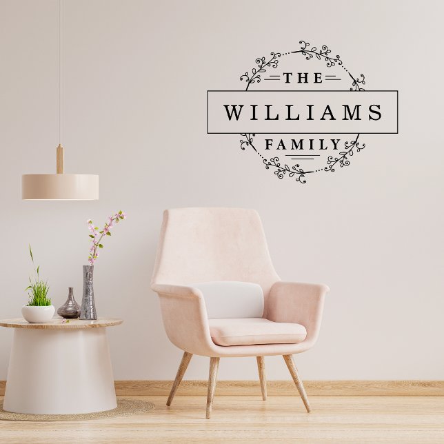 Floral Wreath Custom Family Name Black Script Wall Decal (Creator Uploaded)