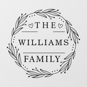 Floral Wreath Custom Family Name Black Script Wall Decal