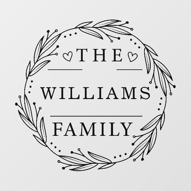 Floral Wreath Custom Family Name Black Script Wall Decal (Front)