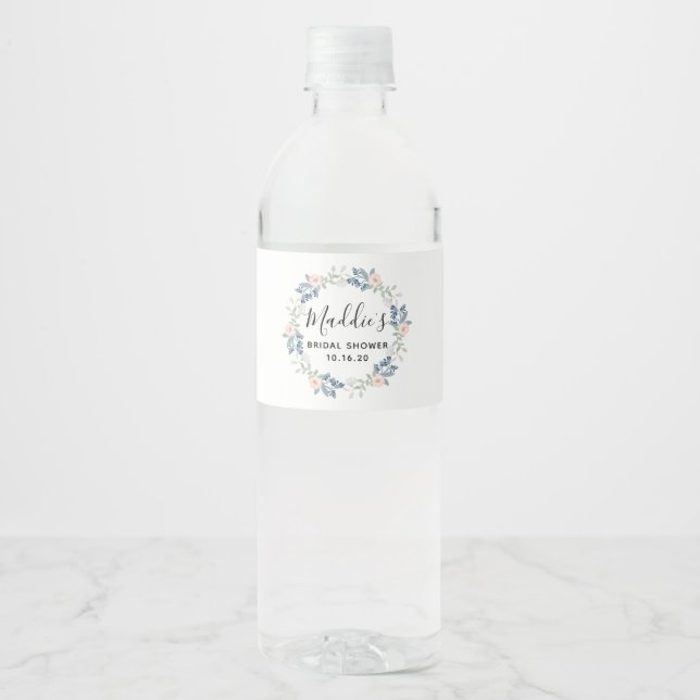 Floral Wreath Custom Name Bride Name Bridal Shower Water Bottle Label (Front)