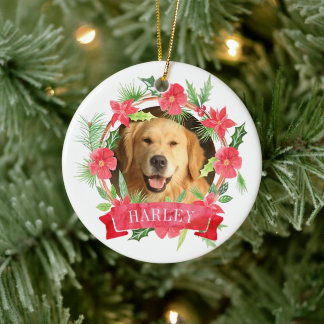 Floral Wreath Dog Photo Ceramic Ornament (Tree)