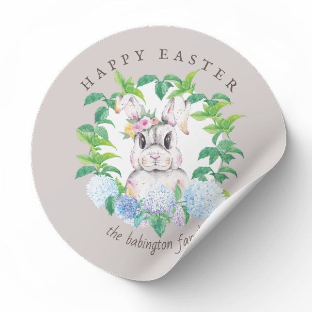 Floral Wreath Easter Bunny Personalized Classic Round Sticker (Creator Uploaded)