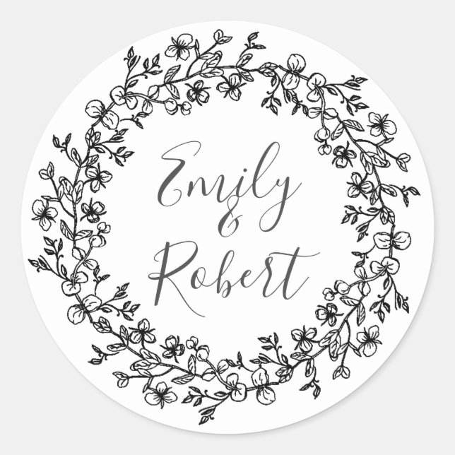 Floral wreath Elegant Eucalyptus hand drawn leaves Classic Round Sticker (Front)