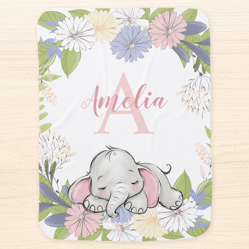 Floral Wreath Elephant Personalized Girl Baby Blanket