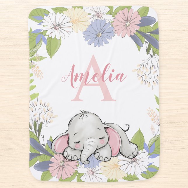 Floral Wreath Elephant Personalized Girl Baby Blanket (Creator Uploaded)