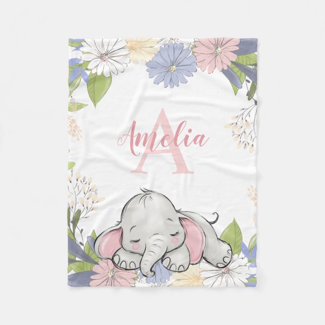 Floral Wreath Elephant Personalized Girl Fleece Blanket (Front)