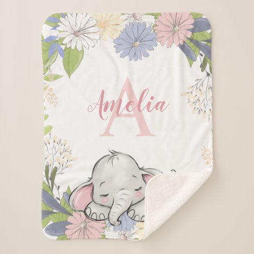 Floral Wreath Elephant Personalized Girl Sherpa Blanket
