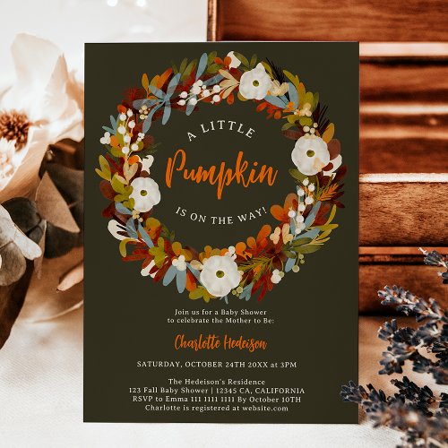 Floral wreath fall little pumpkin baby shower invitation