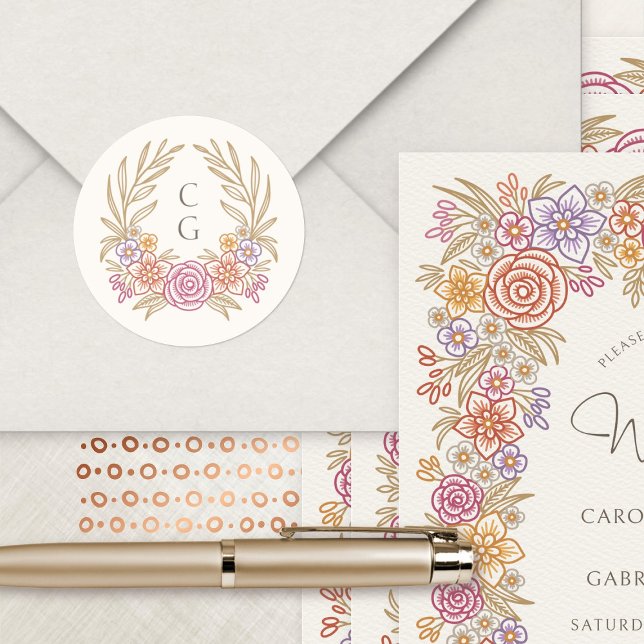 Floral Wreath Fall Monogram Crest Wedding Classic Round Sticker (Creator Uploaded)