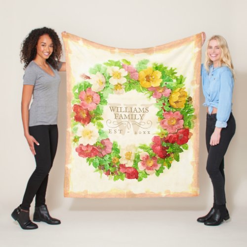 Floral Wreath Family Name Monogram Peach Fleece Blanket