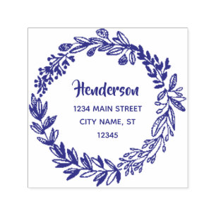 Floral Wreath Family Name Return Address Self-inking Stamp