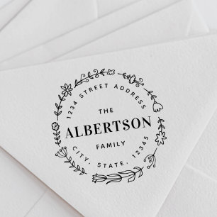 Floral Wreath Family Name Return Address Self-inking Stamp