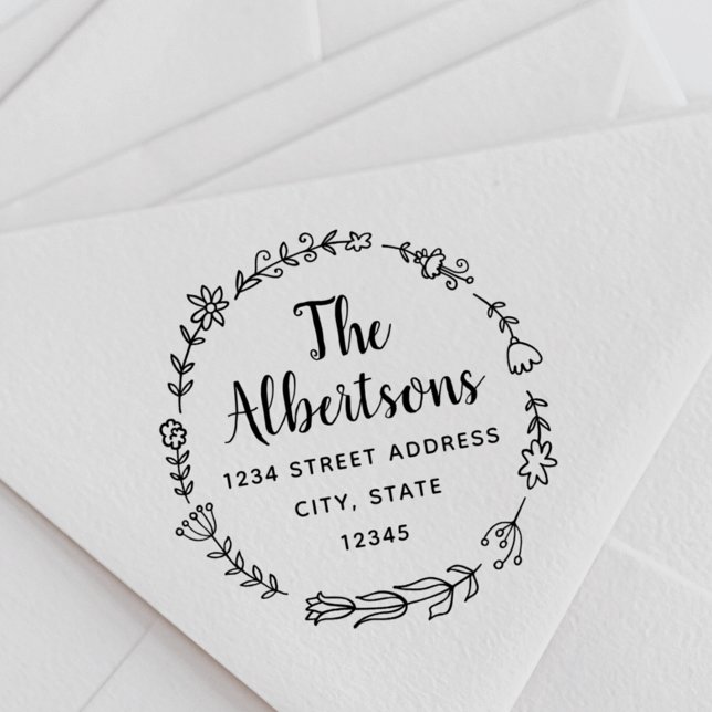 Floral Wreath Family Name Return Address Stamp (Creator Uploaded)