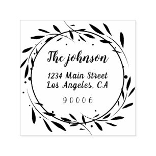Floral Wreath Family Name Script Return Address Self-inking Stamp