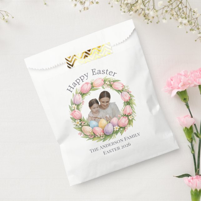 Floral Wreath & Family Photo Personalized Easter  Favor Bag (Sealed)