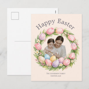 Floral Wreath & Family Photo Personalized Easter Holiday Postcard