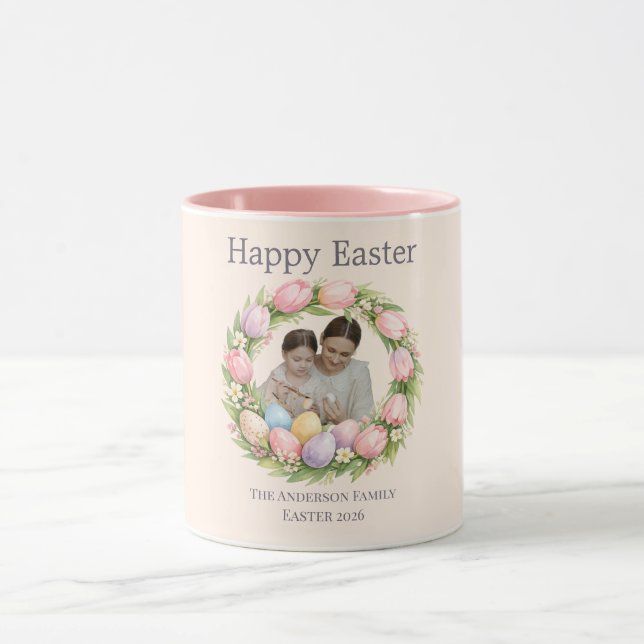 Floral Wreath & Family Photo Personalized Easter  Mug (Center)