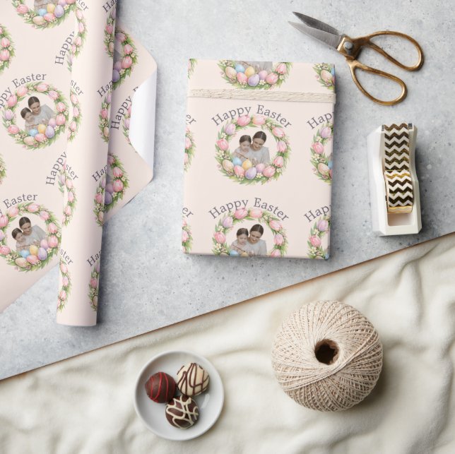 Floral Wreath & Family Photo Personalized Easter  Wrapping Paper (Crafts)