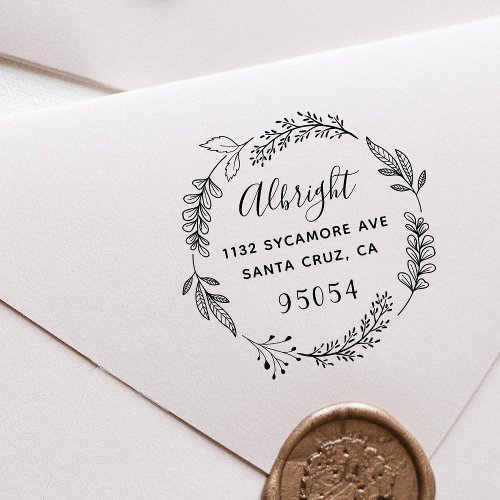Floral Wreath Family Rustic Script Return Address Self_inking Stamp