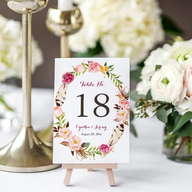 Floral Wreath Feather Boho Wedding Table Number (Creator Uploaded)