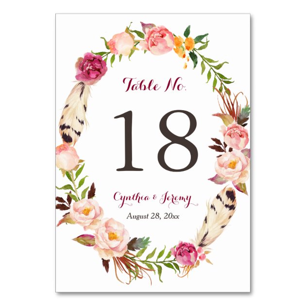 Floral Wreath Feather Boho Wedding Table Number