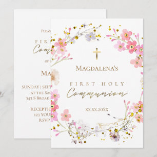 floral wreath First Holy Communion  Invitation