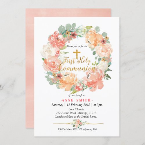 Floral Wreath First Holy Communion Invitation