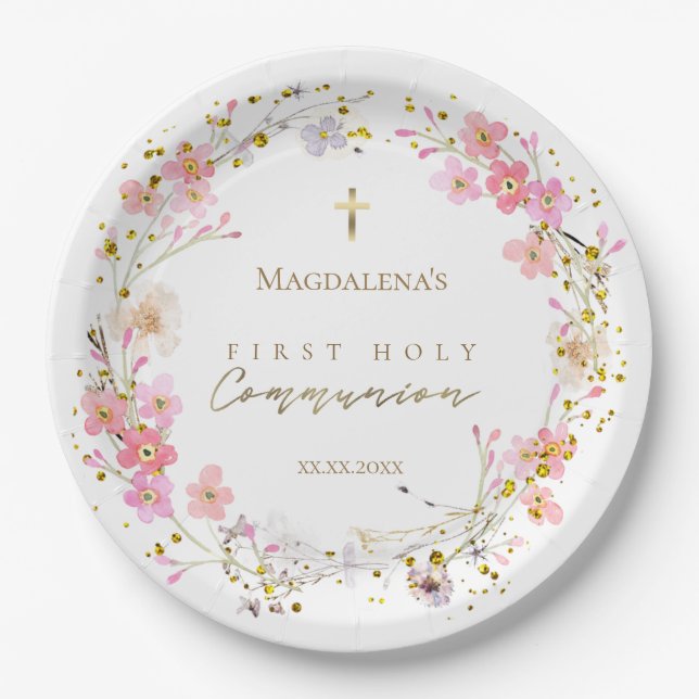 floral wreath First Holy Communion Paper Plates (Front)